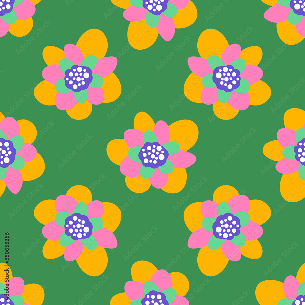 Cute cartoon polka dot flowers in flat style seamless pattern. Floral childlike style background. Vector illustration. Cute cartoon polka dot flowers in flat style seamless pattern. Floral childlike style background. Vector illustration.