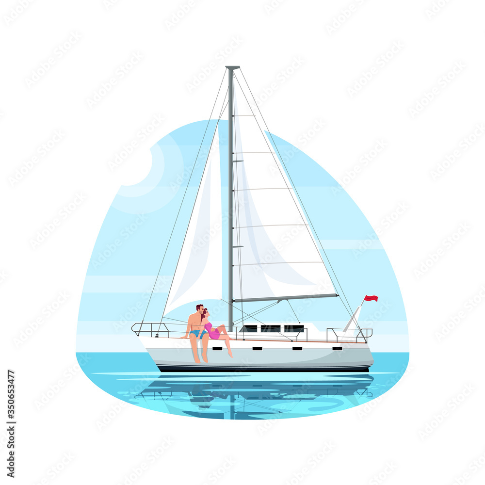 Couple on regatta semi flat vector illustration. Man and woman on romantic date. Boyfriend and girlfriend on boat. Private yacht for voyage. Summer recreation 2D cartoon characters for commercial use