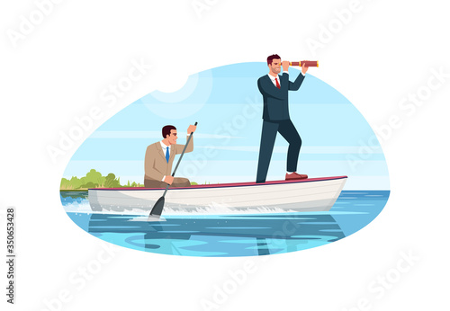 Successful leadership semi flat vector illustration. Achieve success with teamwork. Company boss with worker. Business vision. Corporate management 2D cartoon characters for commercial use