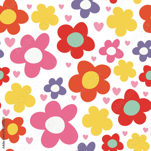 Cute cartoon flowers with hearts seamless pattern. Floral background. Vector illustration. 