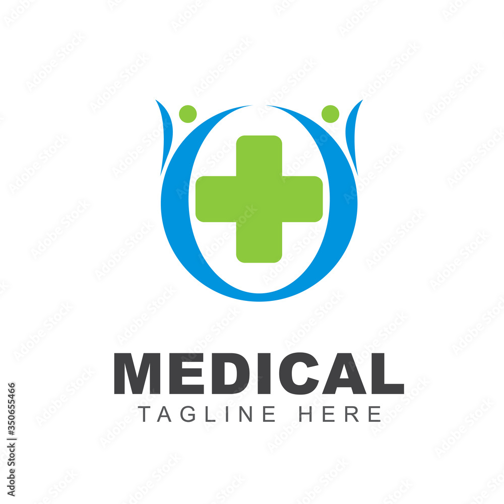 Obraz premium Medical pharmacy logo design template with cross plus sign and human shape illustration. Symbol of health care and medicine service center concept. Vector can use for branding identity doctor office