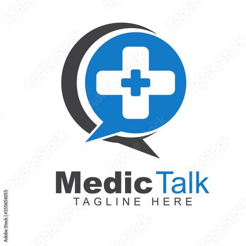 Medical talk pharmacy logo design template with cross plus sign shape and bubble chat illustration. Vector symbol of help center and discussion forum health care or group clinic medicine service