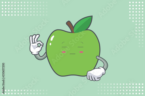 ZONK, MEDITATIVE, UNAMUSED Face Emotion. Ok, Nice, Good Hand Gesture. Green Apple Cartoon Mascot Illustration.