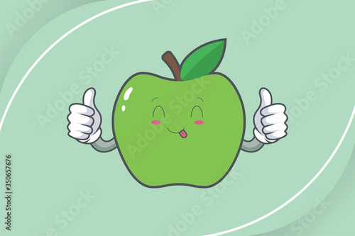 DUMB, FUNNY, TONGUE, cheerful Face Emotion. Double Thumb Up Gesture. Green Apple Mascot Illustration.