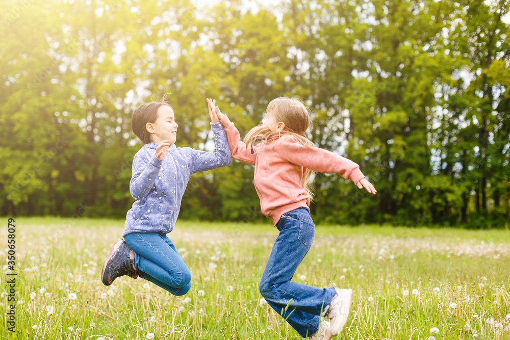 Fototapeta premium Two sisters hug one another outdoors, happy family