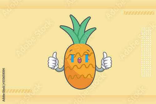 CRYING, SAD, SOB, CRY Face Emotion. Double Thumb Up Hand Gesture. Pineapple Fruit Cartoon Drawn Mascot Illustration.