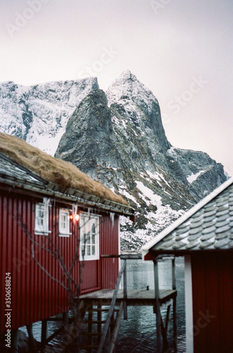 35mm shot of a traditional Norwegian fisherman cabin in the arctic village of Reine. 