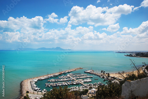 The view from the heights of the marina, azure sea, mountains and blue sky. Harbor Sidi Bou Said