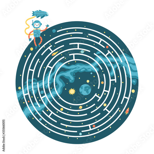 Space Educational Maze Puzzle Games, suitable for games, book print, apps, education. Help the astronaut return to planet Earth. Funny vector simple cartoon illustration on a dark background.