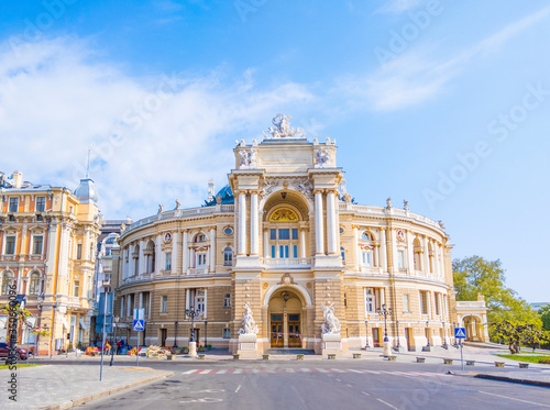 Odessa, Ukraine - April, 30, 2020. Beautiful national opera and ballet thaetre. Odessa National Academic Opera and Ballet Theatre on the empty streets during COVID-19 lockdown.