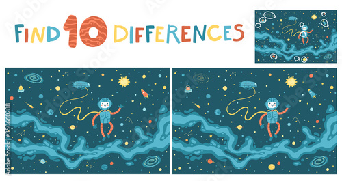 Space Educational Puzzle Games, suitable for games, book print, apps, education. Find 10 differences. Funny vector simple cartoon illustration on a dark background.