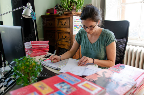 Billede på lærred High school and secundary teacher of languages working from home during coronavirus, COVID-19, quarantine