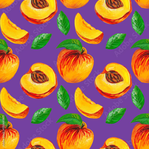 Peaches with half and leaves. Fruit seamless pattern design for wallpaper  paper  textile  fabric.