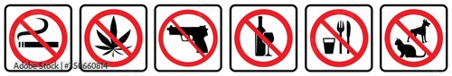 Pets not allowed sign, No smoking sign, No foods symbol, no alcohol icon, no weapon and no marijuana icon- Prohibition sign collection