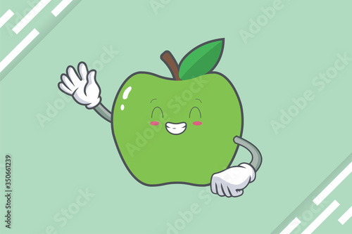 CONTENT, HAPPY , GRIN SMILE, cheerful Face Emotion. Waving Hand Gesture. Green Apple Mascot Illustration.
