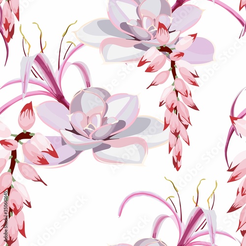 Seamless pattern: Succulent and exotic pink flowers. Hand drawn beautiful elements. Nature botanical art, elegant pink wallpaper background, print design, exotic bouquet.