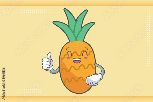 LOL, HAHA, LAUGH, fun Face Emotion. Thumb Up Hand Gesture. Pineapple Fruit Cartoon Drawn Mascot Illustration.