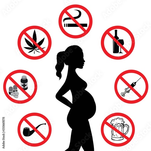 Do not get Drugs during pregnancy. Prohibition sign Collection. No Smoking, No Marijuana, No Alcohol, No Beer, No Tobacco pipe symbol collection