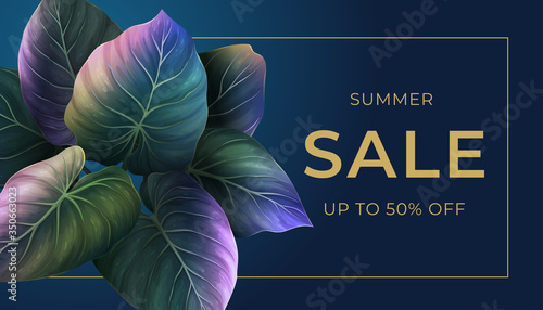 Summer banner with bright palm leaves