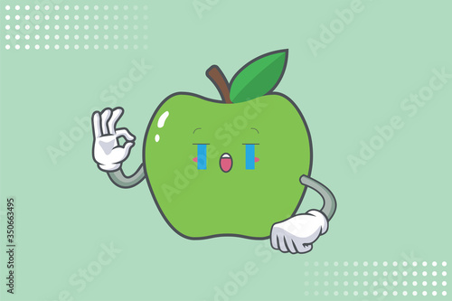 CRYING, SAD, SOB, CRY Face Emotion. Ok, Nice, Good Hand Gesture. Green Apple Cartoon Mascot Illustration.