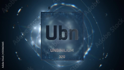 Unbinilium as Element 120 of the Periodic Table. Seamlessly looping 3D animation on blue illuminated atom design background with orbiting electrons. Design shows name, atomic weight and element number photo