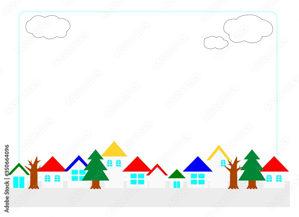 家がたくさん並んだ住宅街と雲のフレーム