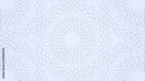 White light arabic background, arabesque muslim motif, 3d motion design, layered paper art, islamic looping animated wallpaper, abstract geometric pattern, oriental asian mandala, moroccan ornament