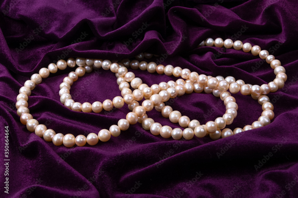 Obraz premium Pink pearl necklace on dark purple velvet.Сlose up.Soft focus.Сoncept of background decoration,wallpaper, covers, postcards,ideas for gifts.