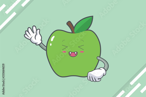 LAUGHING, HAPPY, FUN, cheerful Face Emotion. Waving Hand Gesture. Green Apple Mascot Illustration.