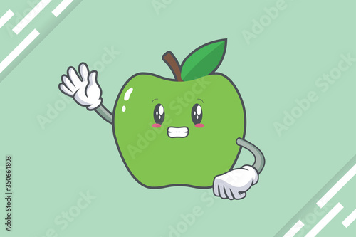 ANXIOUS, anxiously, anxiousness Face Emotion. Waving Hand Gesture. Green Apple Mascot Illustration.