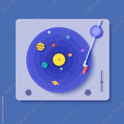 Gramophone with vinyl record in paper cut style. 3d illustration with space rocket and craft of solar system planets. Saturn Jupiter Venus Sun Neptune and galaxy. Vector party decoration card template
