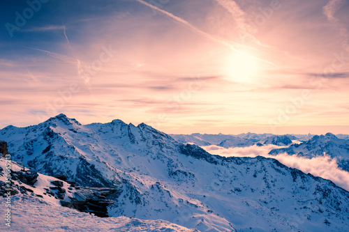 Ski resort in winter mountains. Val Thorens, 3 Valleys, France.