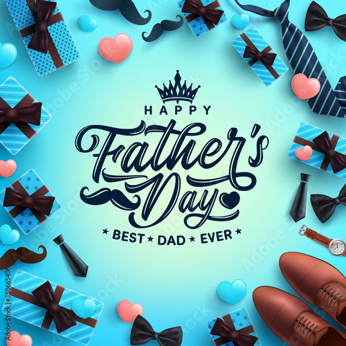 Father's Day Sale poster or banner template with necktie,glasses and gift box on blue background.Greetings and presents for Father's Day in flat lay styling.Promotion and shopping template for dad