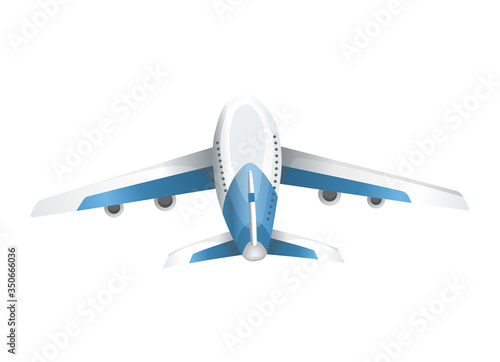 Airplane on white background. Airliner in top view. Vector realistic aircraft cargo. Passenger plane, sky flying aeroplane