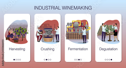Set of vector mobile app pages on theme industrial wine production. Stages of winemaking