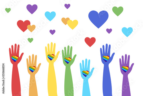 Lgbt support, fight for gay and lesbian rights, helping hands and hearts, rainbow colors. Modern flat vector illustration stylish design element