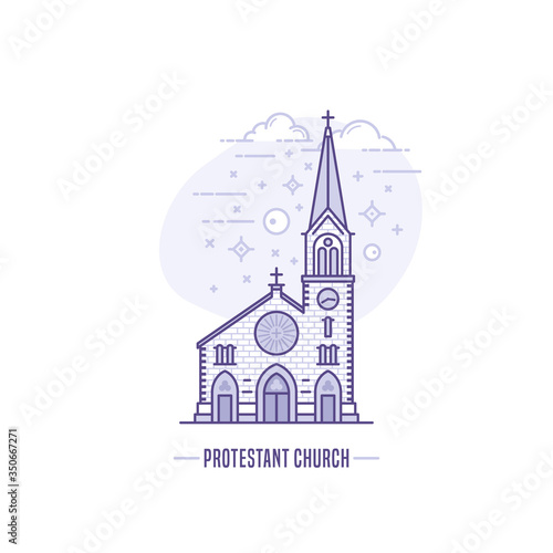 Protestant church icon. Simple line art style church building outline vector logo isolated on white background