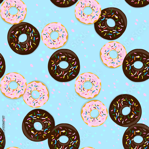 Vector seamless pattern illustration of donuts in chocolate and pink glaze on a blue