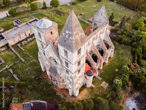 Amazing aerial photo about the Premontre Monastery. This is a church ruin in Zsambek city Hungary. Built in 1220-1234.  Roman and gotchic style. Destroyed an big earthquake in 1763. photo