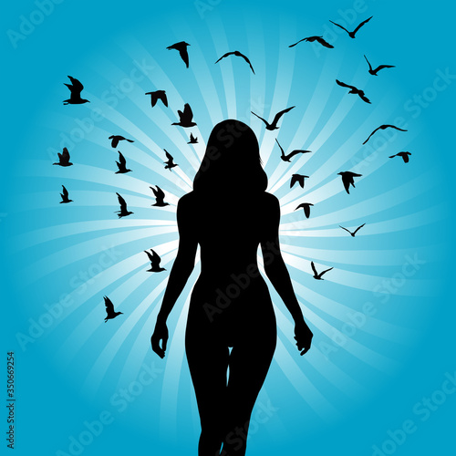 Silhouette of woman with birds flying around her on sunburst background