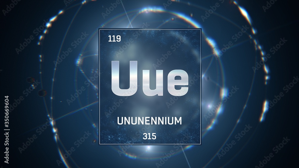 3D illustration of Unnunenium as Element 119 the Periodic Table. Blue illuminated atom design background with orbiting electrons. Design shows name, atomic weight and element number 3D illustration of Unnunenium as Element 119 the Periodic Table. Blue illuminated atom design background with orbiting electrons. Design shows name, atomic weight and element number
