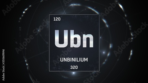 3D illustration of Unbinilium as Element 120 of the Periodic Table. Silver illuminated atom design background with orbiting electrons. Design shows name, atomic weight and element number  photo