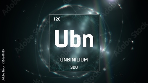 3D illustration of Unbinilium as Element 120 of the Periodic Table. Green illuminated atom design background with orbiting electrons. Design shows name, atomic weight and element number  photo