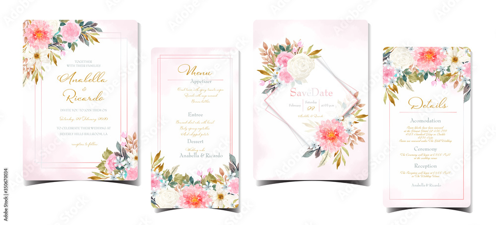 set of abstract wedding invitation with colorful flowers