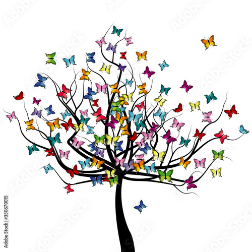 Tree with colored butterflies flying around it