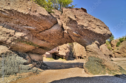 The Bay of Fundy between the Canadian provinces of New Brunswick and Nova Scotia, with extremely high tidal range.