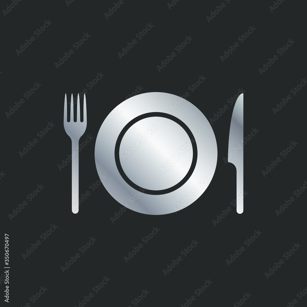 Fork knife and plate icon logo. Silver crhome color. Simple flat shape restaurant or cafe place sign. Kitchen and diner menu symbol. Vector illustration image. isolated on black background. Fork knife and plate icon logo. Silver crhome color. Simple flat shape restaurant or cafe place sign. Kitchen and diner menu symbol. Vector illustration image. isolated on black background.