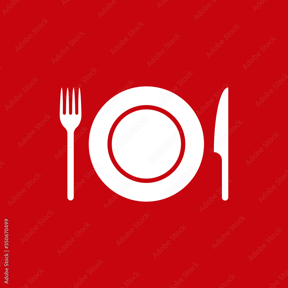 Fork knife and plate icon logo. Simple flat shape restaurant or cafe place sign. Kitchen and diner menu symbol. Vector illustration image. isolated on red background. Fork knife and plate icon logo. Simple flat shape restaurant or cafe place sign. Kitchen and diner menu symbol. Vector illustration image. isolated on red background.