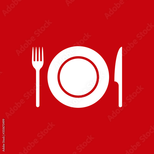 Fork knife and plate icon logo. Simple flat shape restaurant or cafe place sign. Kitchen and diner menu symbol. Vector illustration image. isolated on red background.
