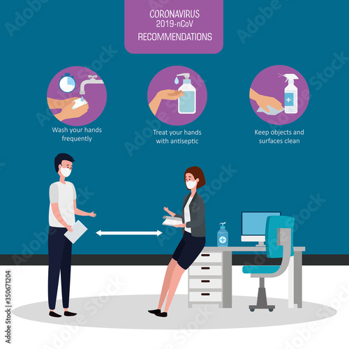 campaign of recommendations of 2019 ncov at office with business couple and icons vector illustration design